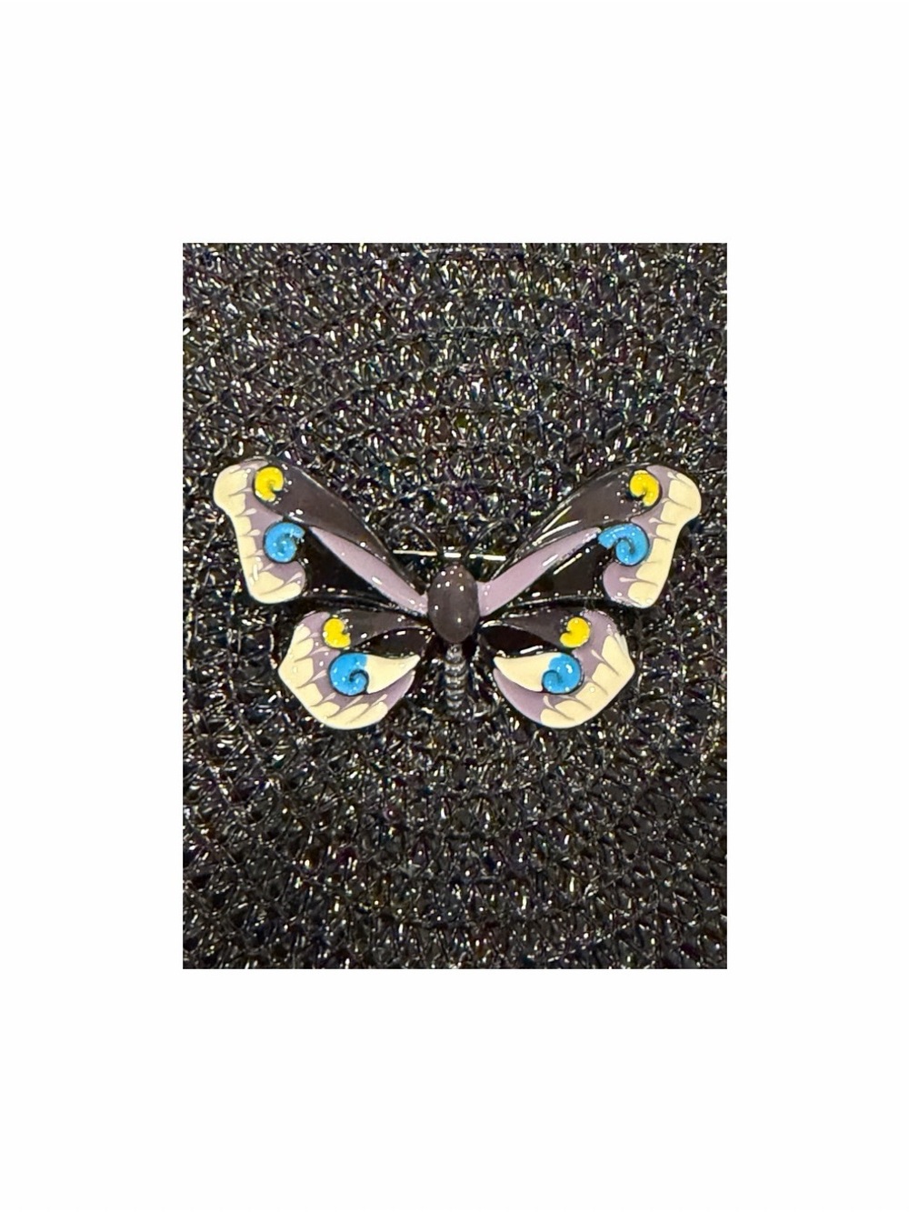 Enamel Butterfly Pin Brooch - Black with Blue, Yellow & Cream Accents